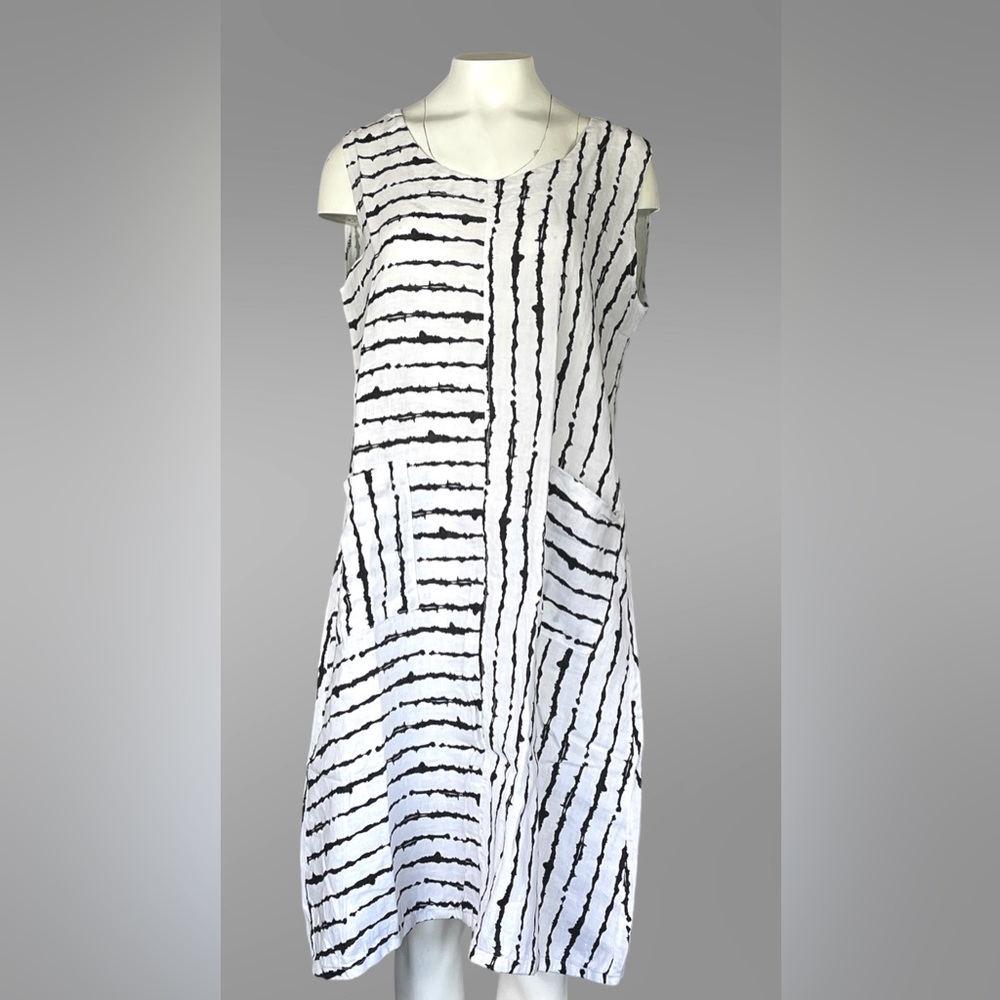 Flax Linen Women's Tunic white black striped sleeveless size 2-3 Made in Italy